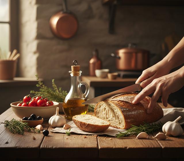 Hands slicing fresh bread in a warm rustic kitchen