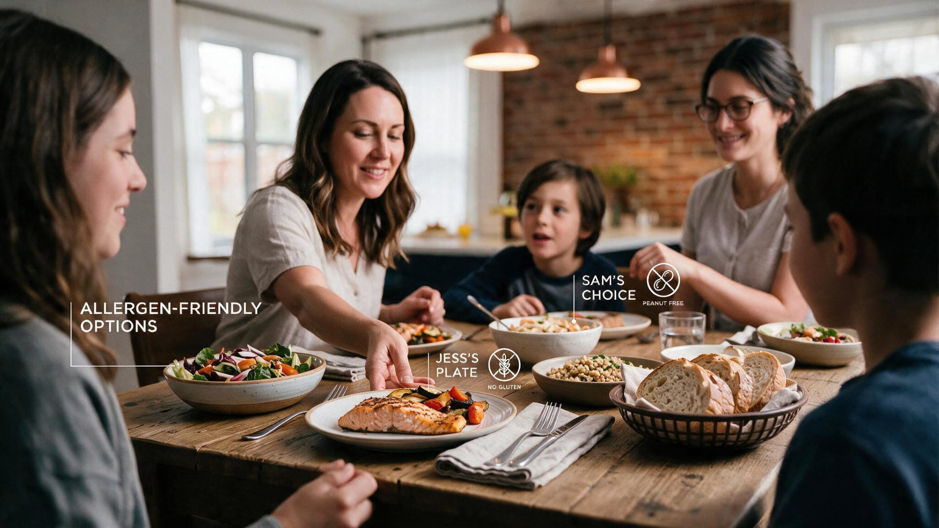 Family sharing a meal around a wooden table